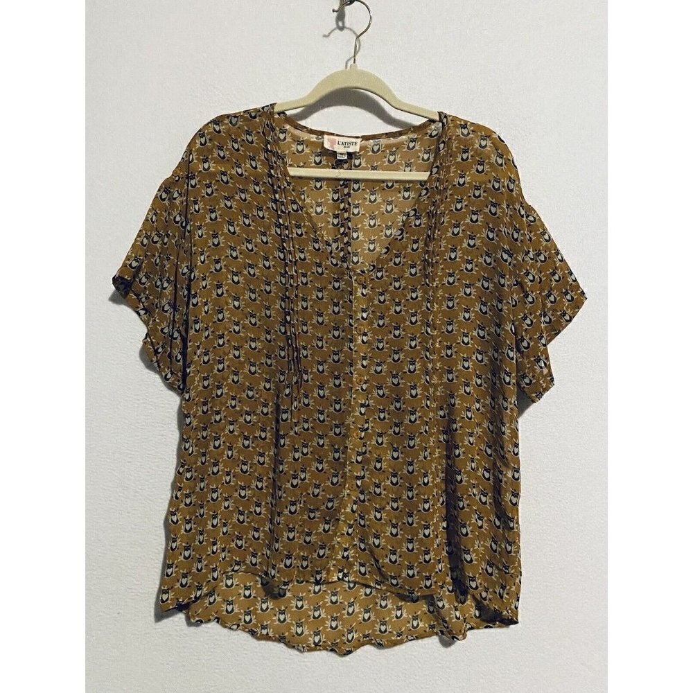 Latiste by Amy Top Womens Medium Allover Cat Print Pleated Button Front Sheer